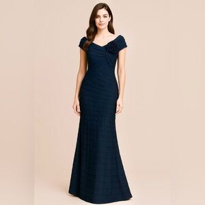Tadashi Shoji Pleated Tafeta Rosette Gown Navy Full Length Size 12